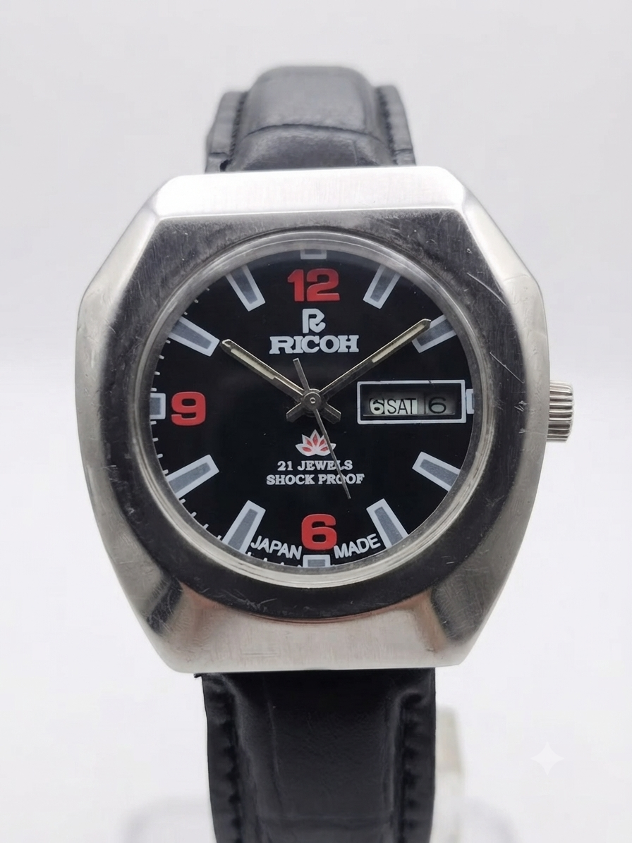 Vintage Ricoh R31 Automatic Black Face New Strap 21 Jewels Day-Date Men's Wrist Watch AS34