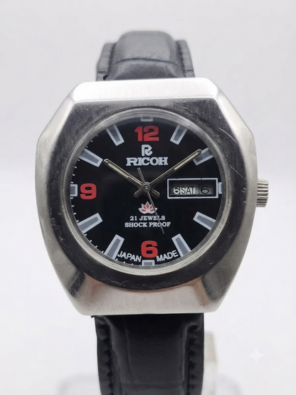 Vintage Ricoh R31 Automatic Black Face New Strap 21 Jewels Day-Date Men's Wrist Watch AS34