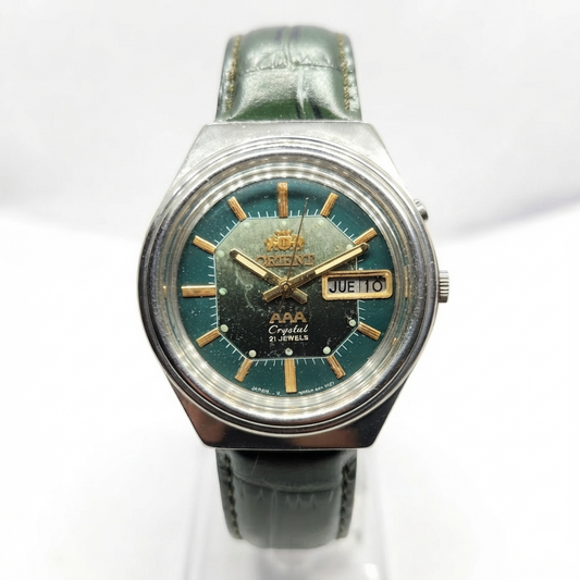 Vintage Original Orient 46941 Automatic 21 Jewels Green Face Day-Date Men's Wrist Watch OR13