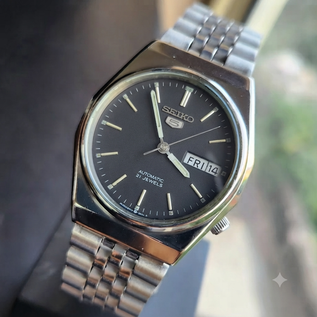 Vintage 1985 Original Seiko 5 Automatic 6119-7060 Black Face 21 Jewels Day-Date Japanese Men's Wrist Watch SK13