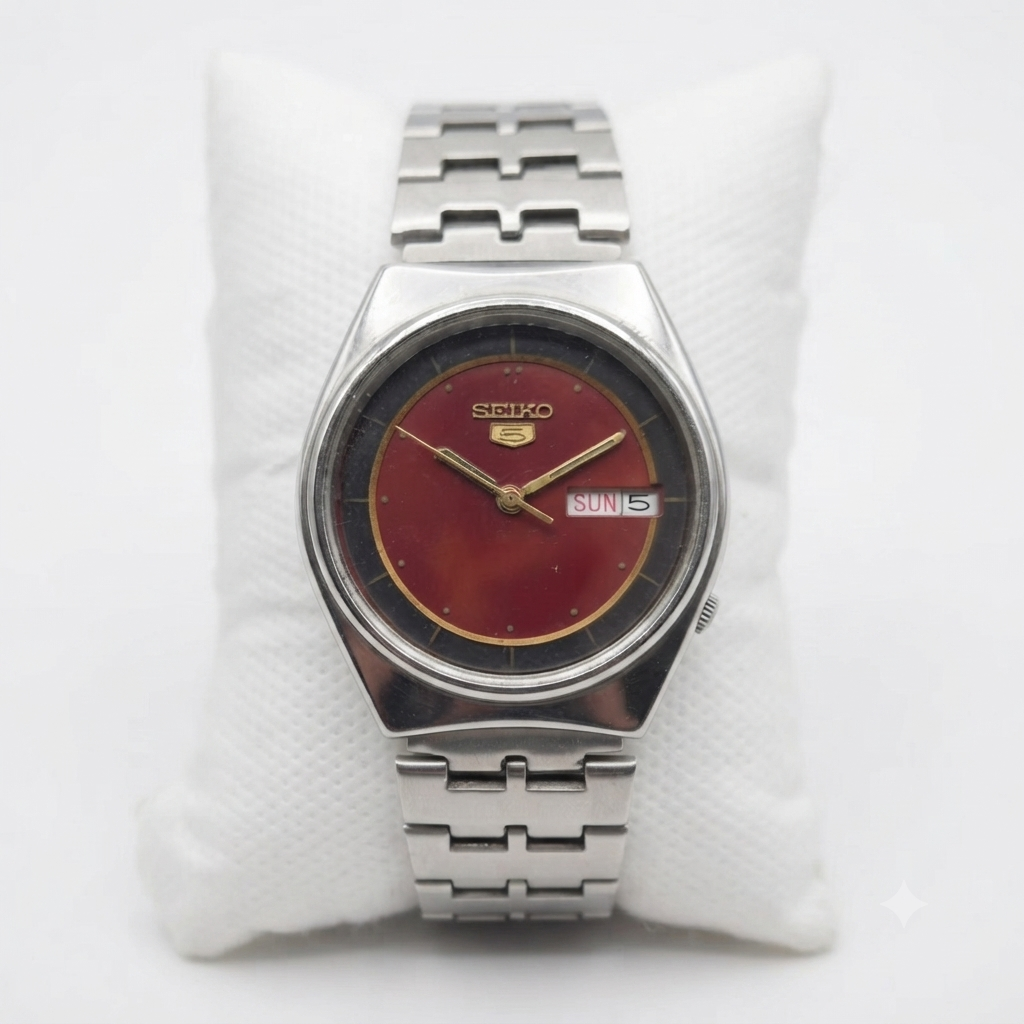 Vintage 1983 Original Seiko 5 Automatic 6309-8910 Red Face 17 Jewels Day-Date Japanese Men's Wrist Watch VS09
