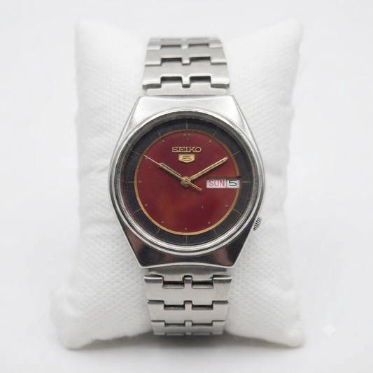 Vintage 1983 Original Seiko 5 Automatic 6309-8910 Red Face 17 Jewels Day-Date Japanese Men's Wrist Watch VS09