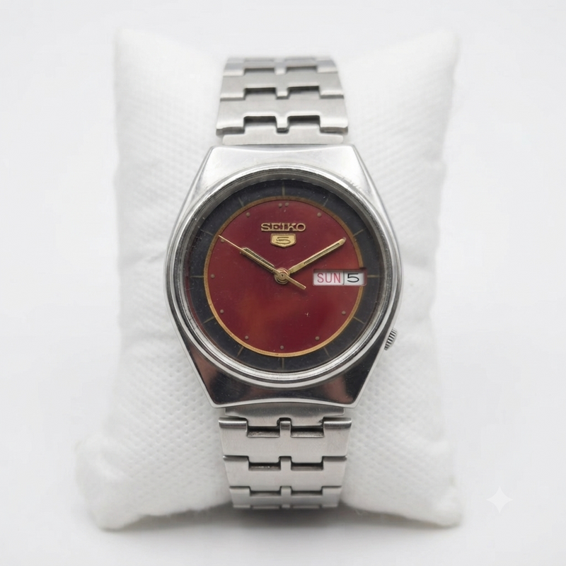 Vintage 1983 Original Seiko 5 Automatic 6309-8910 Red Face 17 Jewels Day-Date Japanese Men's Wrist Watch VS09
