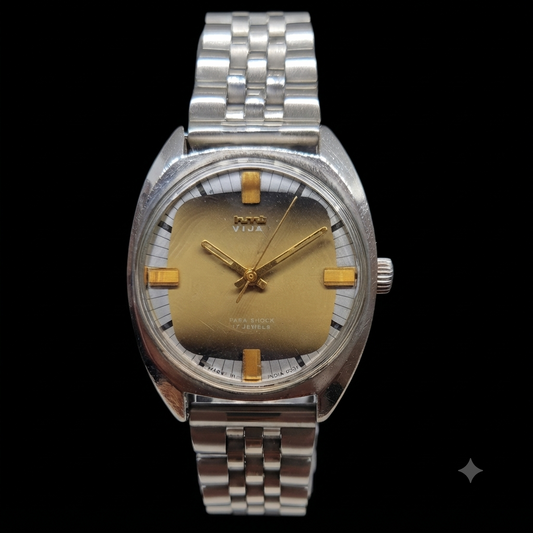 Vintage Original HMT Vijay Hand Winding 17 Jewels Gold Face Men's Wrist Watch HM85
