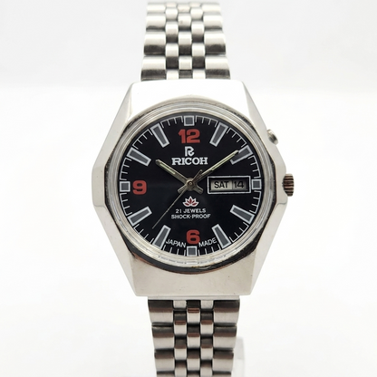 Vintage Ricoh R31 Black Face Automatic 21 Jewels Jubliee Bracelet Men's Wrist Watch R35