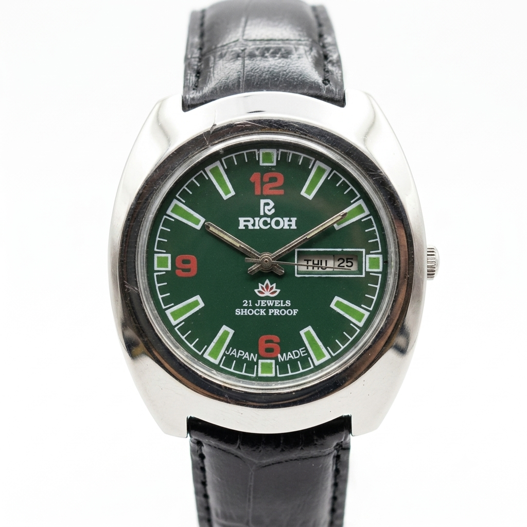 Vintage Ricoh R31 Automatic Green Face New Strap 21 Jewels Day-Date Men's Wrist Watch R17