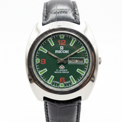 Vintage Ricoh R31 Automatic Green Face New Strap 21 Jewels Day-Date Men's Wrist Watch R17