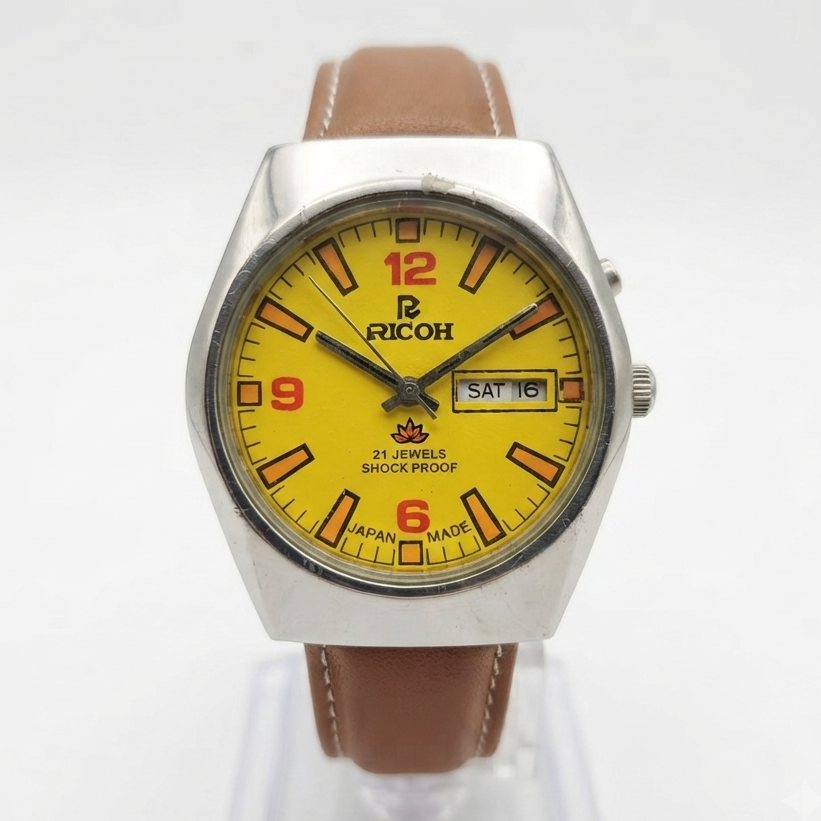 Vintage Ricoh R31 Automatic Yellow Face New Strap 21 Jewels Day-Date Men's Wrist Watch R91