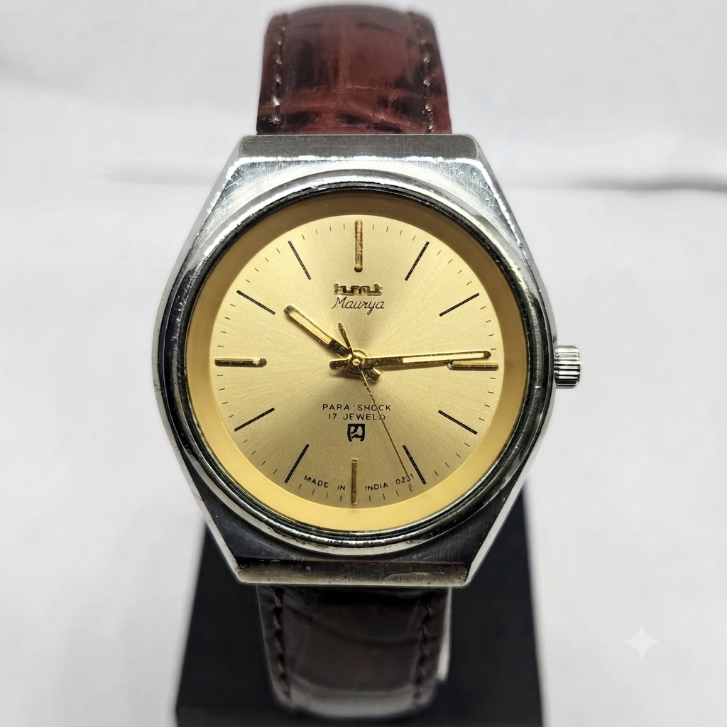 Vintage Original HMT Maurya Hand Winding 17 Jewels Gold Face Men's Wrist Watch HM123