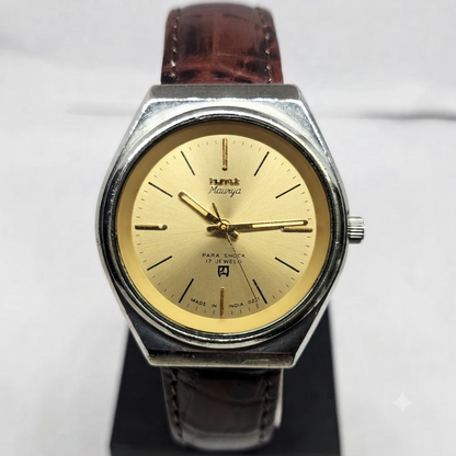 Vintage Original HMT Maurya Hand Winding 17 Jewels Gold Face Men's Wrist Watch HM123