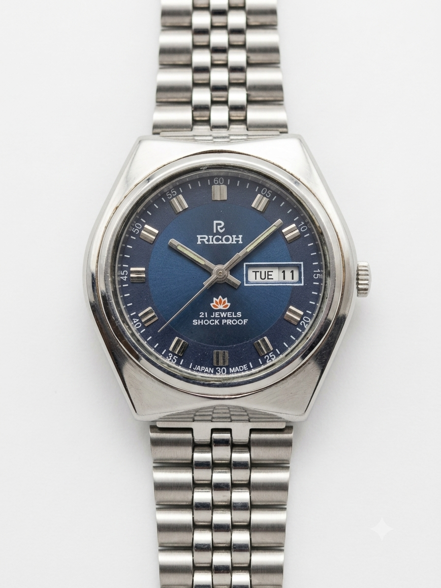 Vintage Ricoh R31 Automatic Blue Face New Bracelet 21 Jewels Day Date Men's Wrist Watch AS01
