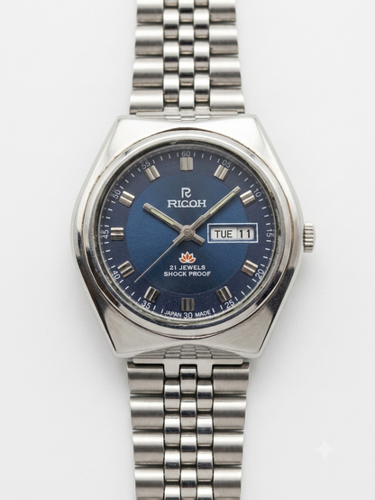 Vintage Ricoh R31 Automatic Blue Face New Bracelet 21 Jewels Day Date Men's Wrist Watch AS01