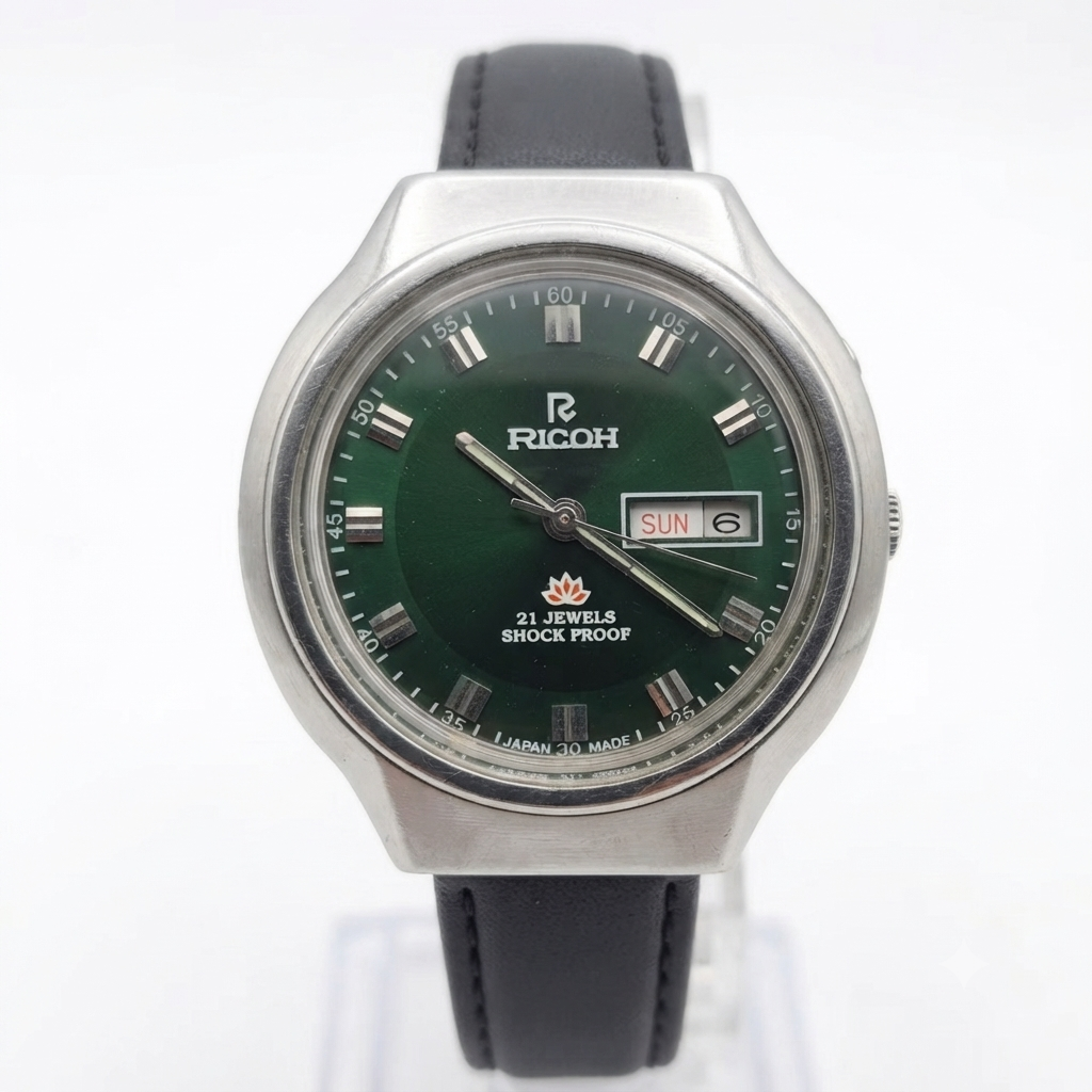Vintage Ricoh R31 Automatic Green Face New Strap 21 Jewels Day-Date Men's Wrist Watch R114