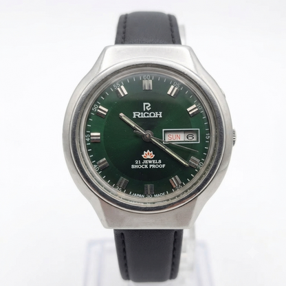 Vintage Ricoh R31 Automatic Green Face New Strap 21 Jewels Day-Date Men's Wrist Watch R114