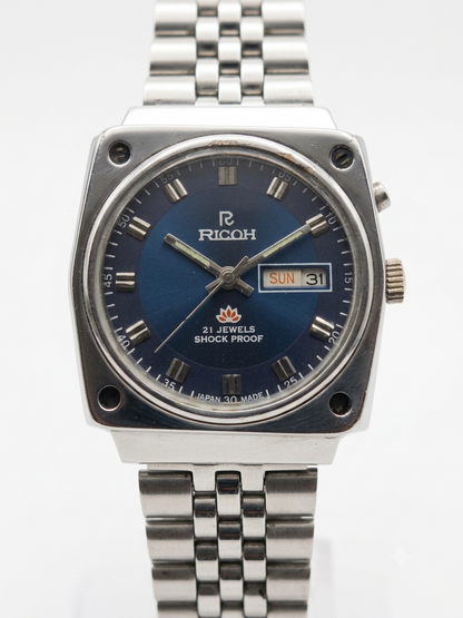 Vintage Ricoh R31 Automatic Blue Face New Bracelet 21 Jewels Day-Date Men's Wrist Watch AS04