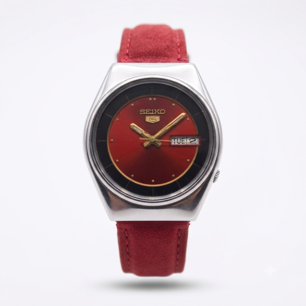 Vintage 1984 Original Seiko 5 Automatic 6309-8910 Red Face 17 Jewels Day-Date Japanese Men's Wrist Watch VS64