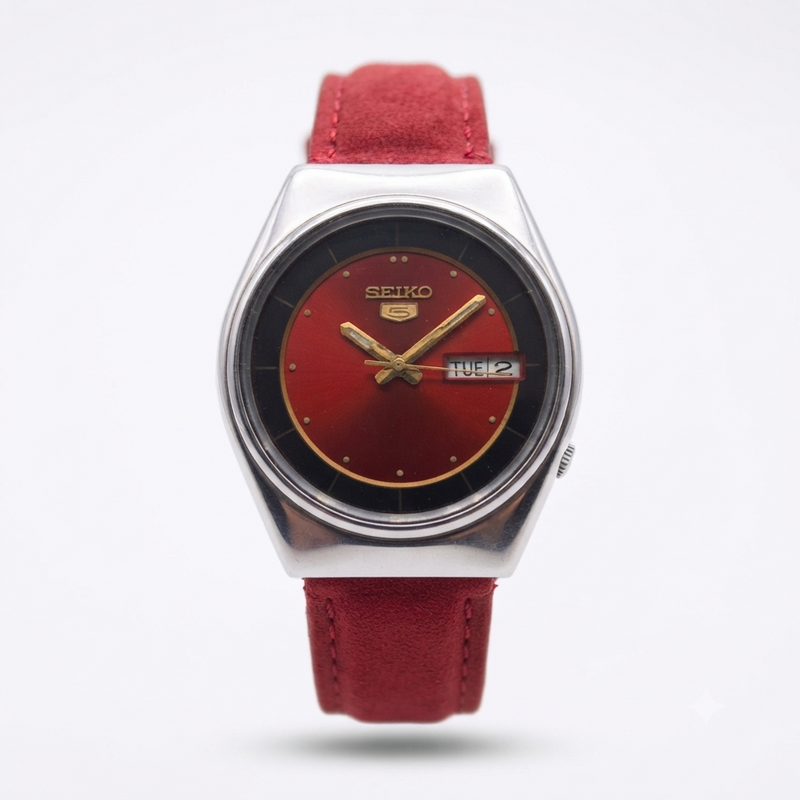 Vintage 1984 Original Seiko 5 Automatic 6309-8910 Red Face 17 Jewels Day-Date Japanese Men's Wrist Watch VS64