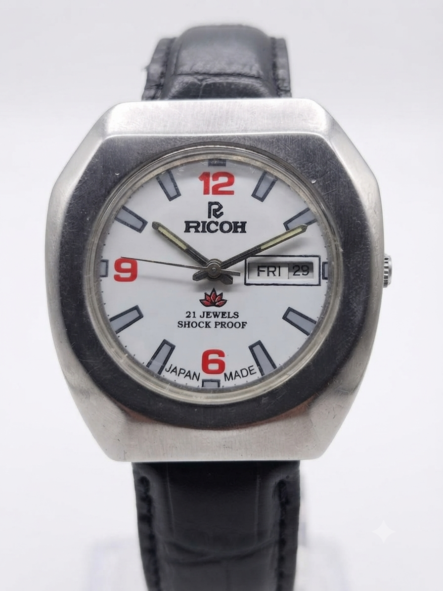 Vintage Ricoh R31 Automatic White Face New Strap 21 Jewels Day-Date Men's Wrist Watch AS30