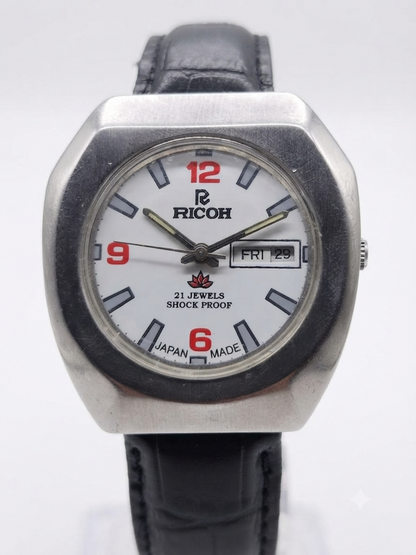 Vintage Ricoh R31 Automatic White Face New Strap 21 Jewels Day-Date Men's Wrist Watch AS30