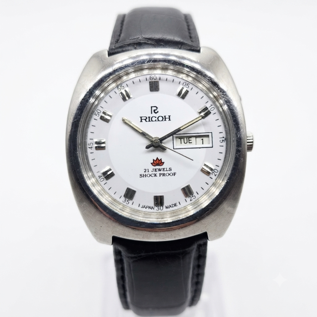 Vintage Ricoh R31 Automatic White Face New Strap 21 Jewels Day-Date Men's Wrist Watch R05