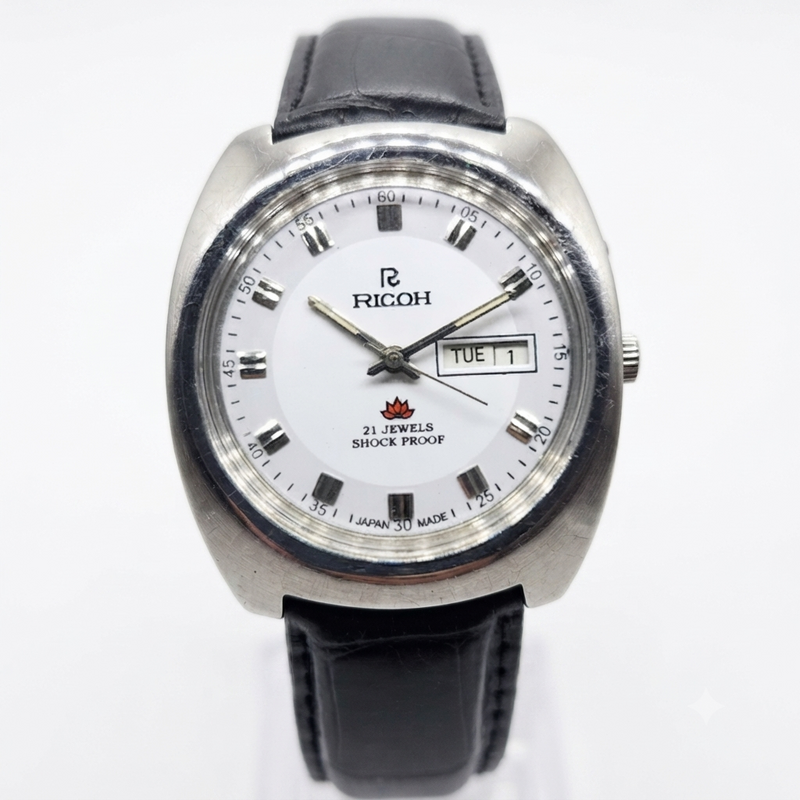 Vintage Ricoh R31 Automatic White Face New Strap 21 Jewels Day-Date Men's Wrist Watch R05