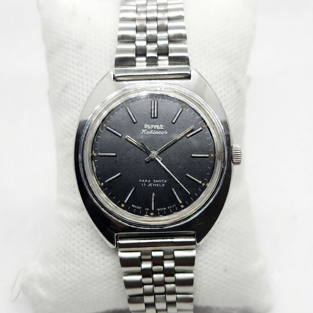 Vintage Original HMT Kohinoor Hand Winding 17 Jewels Black Face Men's Wrist Watch HM40