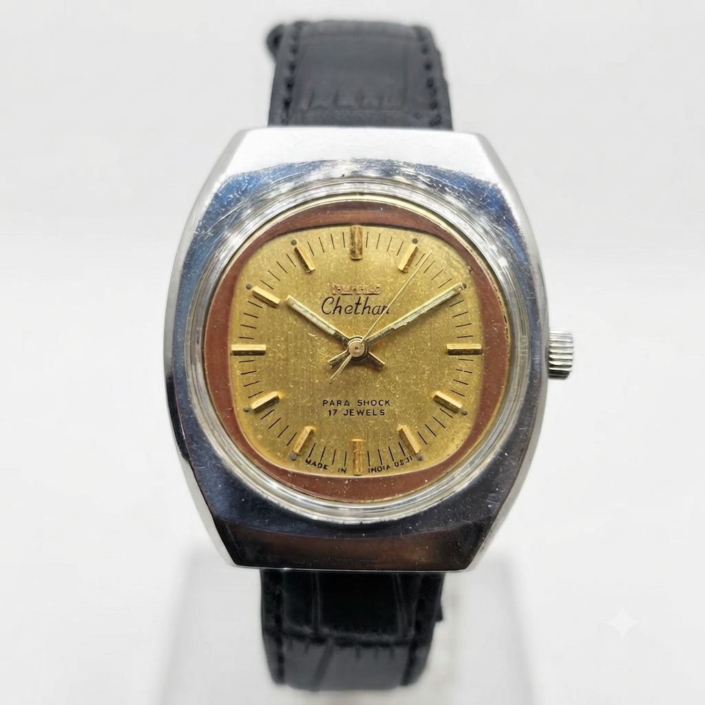 Vintage Original HMT Chethan Hand Winding 17 Jewels Gold Face Men's Wrist Watch HM98