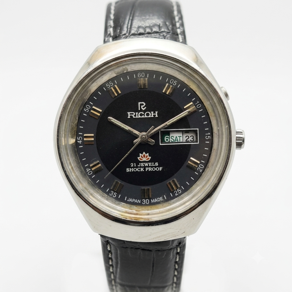 Vintage Ricoh R31 Automatic Black Face New Strap 21 Jewels Day-Date Men's Wrist Watch R07