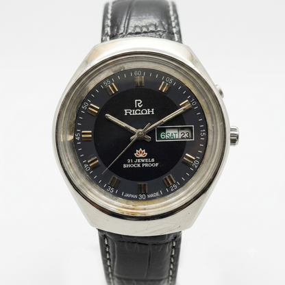 Vintage Ricoh R31 Automatic Black Face New Strap 21 Jewels Day-Date Men's Wrist Watch R07