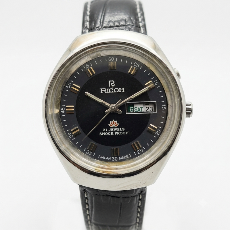Vintage Ricoh R31 Automatic Black Face New Strap 21 Jewels Day-Date Men's Wrist Watch R07