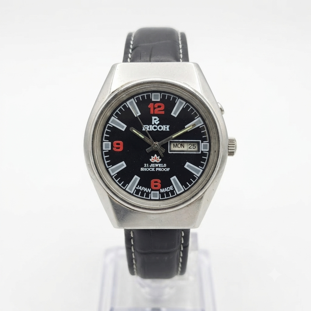 Vintage Ricoh R31 Automatic Black Face New Strap 21 Jewels Day-Date Men's Wrist Watch R94