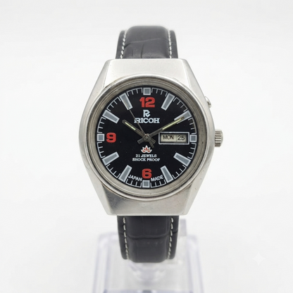 Vintage Ricoh R31 Automatic Black Face New Strap 21 Jewels Day-Date Men's Wrist Watch R94