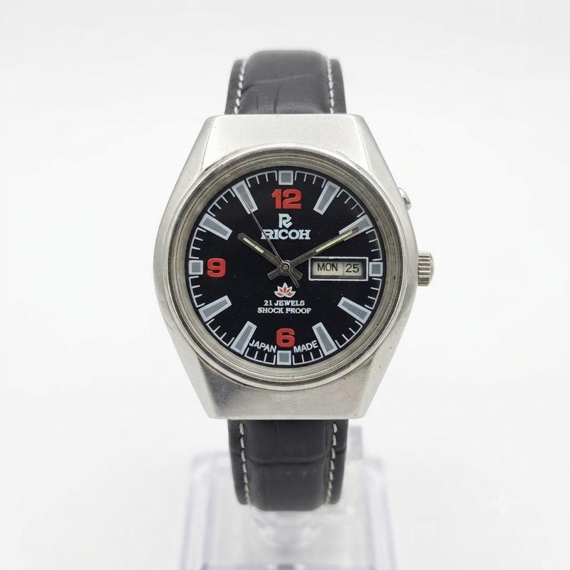 Vintage Ricoh R31 Automatic Black Face New Strap 21 Jewels Day-Date Men's Wrist Watch R94