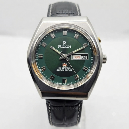 Vintage Ricoh R31 Automatic Green Face New Strap 21 Jewels Day-Date Men's Wrist Watch R01