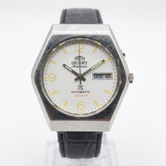 Vintage Original Orient 46941 Automatic 21 Jewels White Face Day-Date Men's Wrist Watch OR19