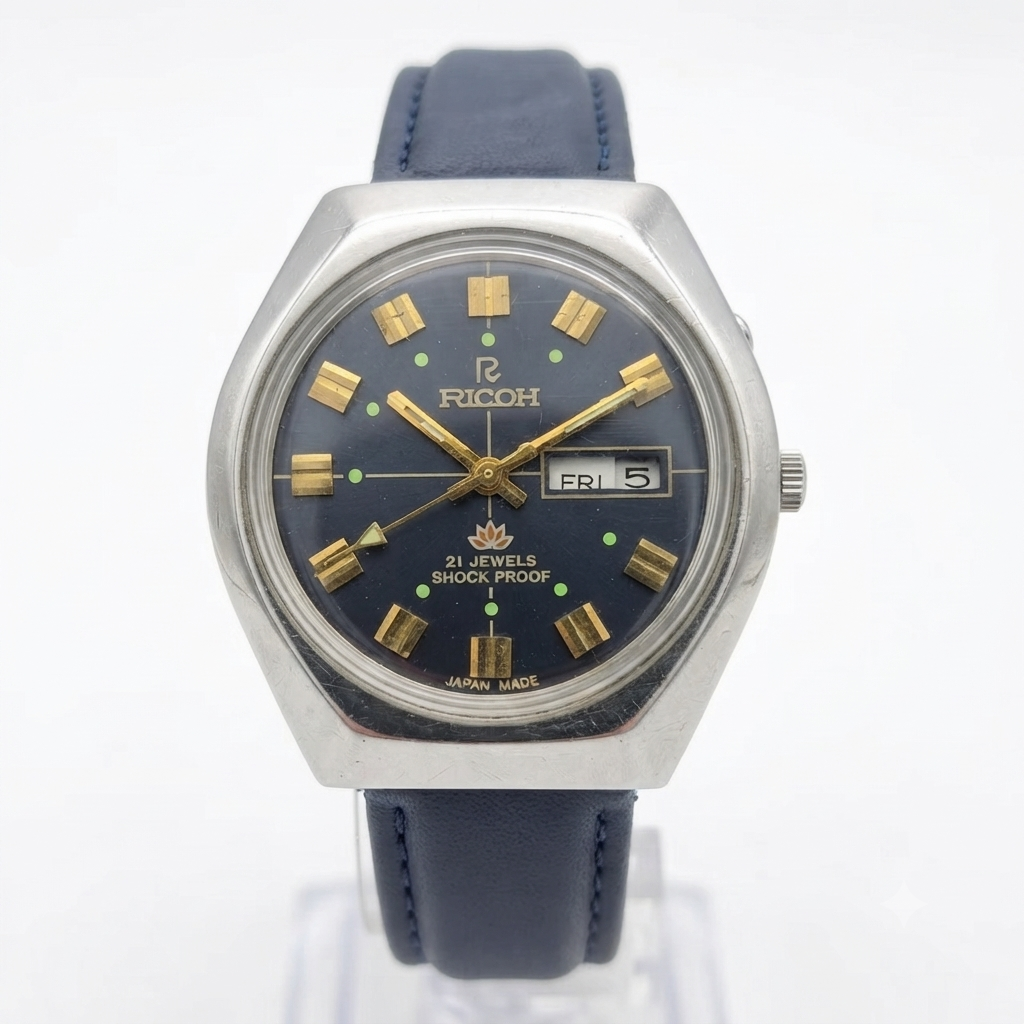 Vintage Ricoh R31 Automatic Blue Face New Strap 21 Jewels Day-Date Men's Wrist Watch R110