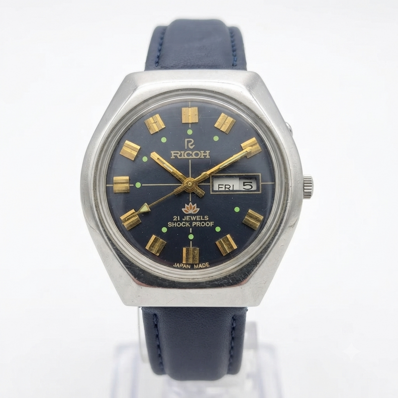 Vintage Ricoh R31 Automatic Blue Face New Strap 21 Jewels Day-Date Men's Wrist Watch R110