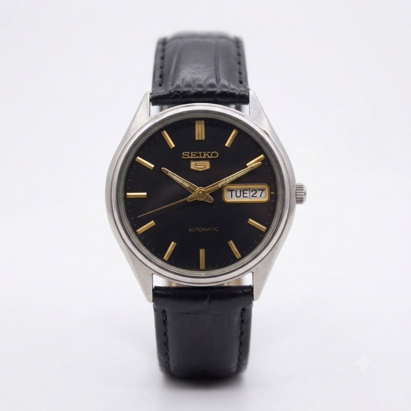Vintage 1980 Original Seiko 5 Automatic 6309-7320 Black face 17 Jewels Day-Date Japanese Men's Wrist Watch OG141
