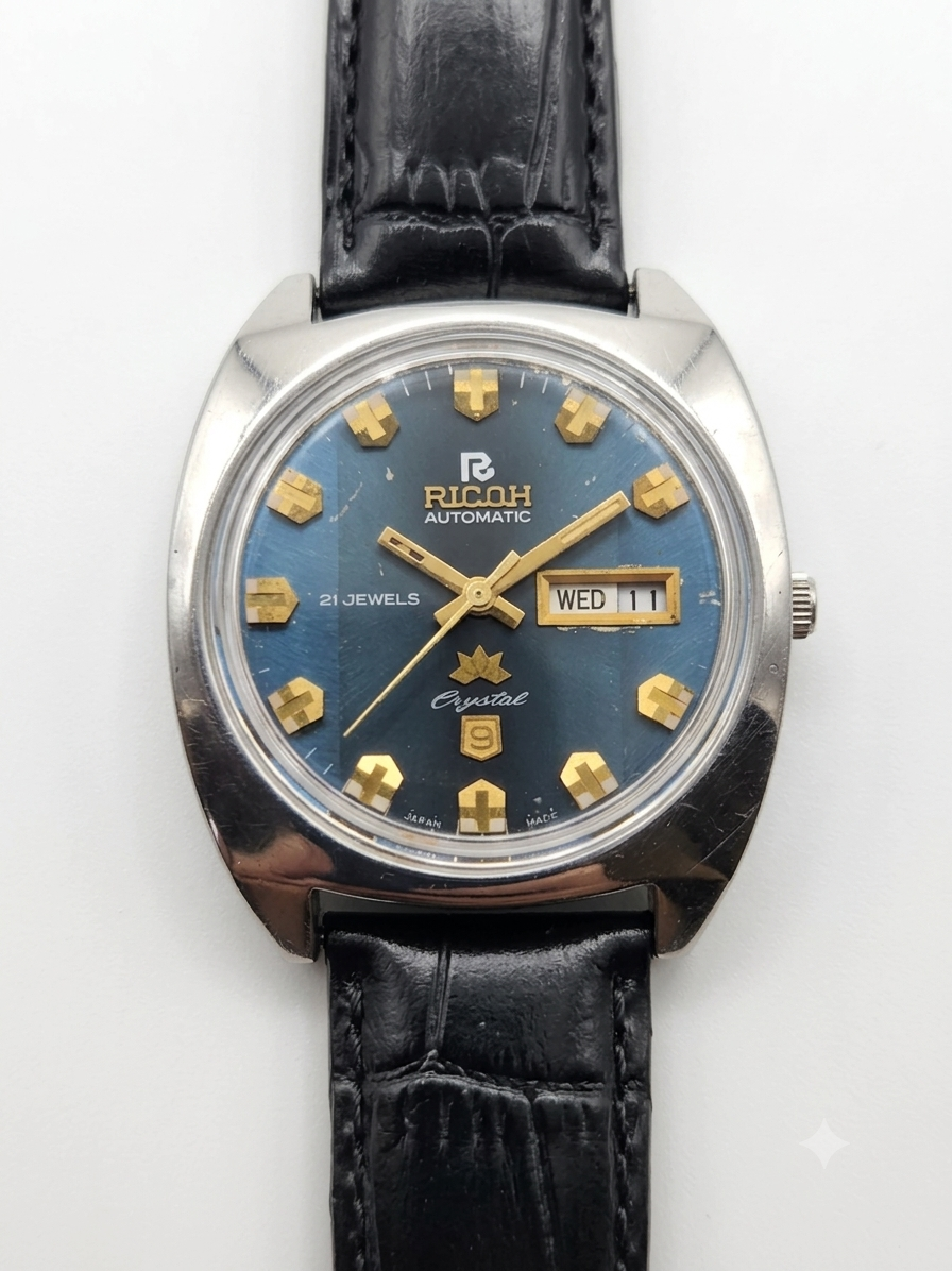 Vintage Ricoh R31 Automatic Blue Face New Strap 21 Jewels Day-Date Men's Wrist Watch AS15