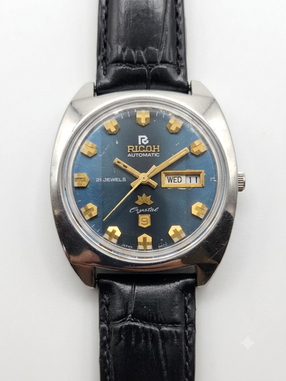 Vintage Ricoh R31 Automatic Blue Face New Strap 21 Jewels Day-Date Men's Wrist Watch AS15