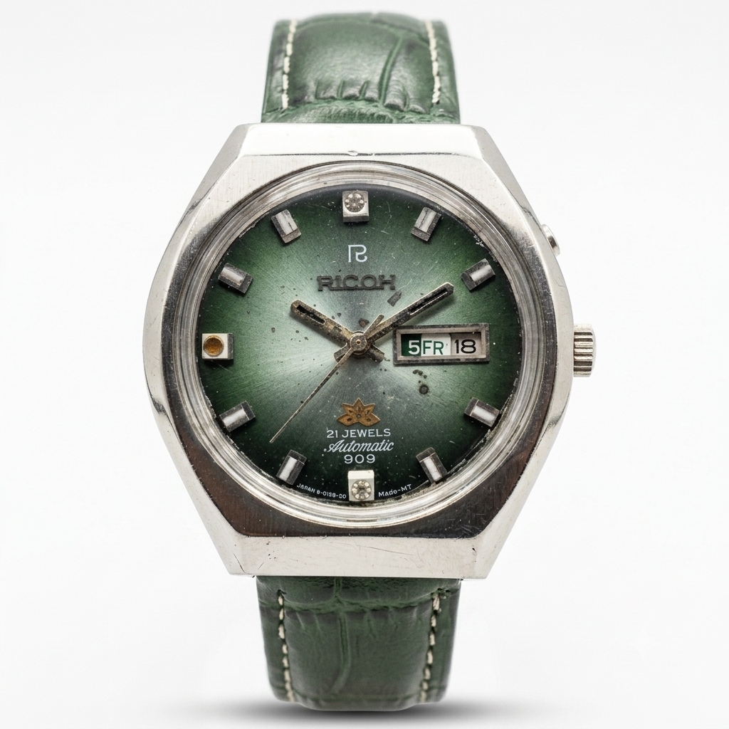 Vintage Ricoh R31 Automatic Green Face New Strap 21 Jewels Day-Date Men's Wrist Watch R21