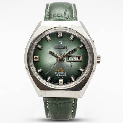 Vintage Ricoh R31 Automatic Green Face New Strap 21 Jewels Day-Date Men's Wrist Watch R21