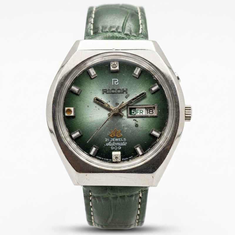 Vintage Ricoh R31 Automatic Green Face New Strap 21 Jewels Day-Date Men's Wrist Watch R21