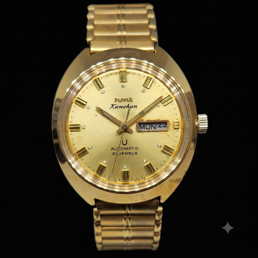 Vintage Mod HMT Kanchan Automatic 21 Jewels Glass back Gold Face Day-Date Men's Wrist Watch