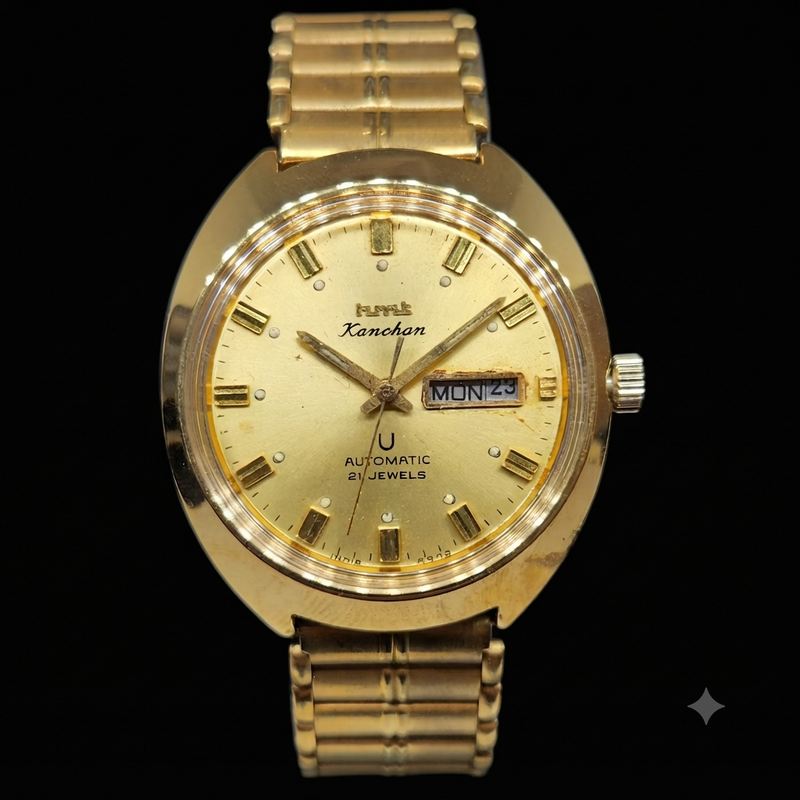 Vintage Mod HMT Kanchan Automatic 21 Jewels Glass back Gold Face Day-Date Men's Wrist Watch