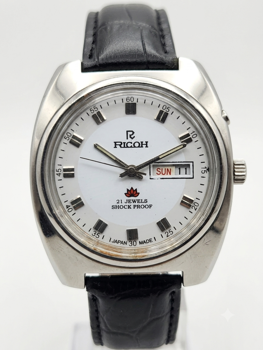 Vintage Ricoh R31 Automatic White Face New Strap 21 Jewels Day-Date Men's Wrist Watch AS31