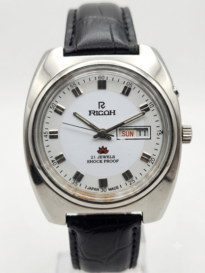 Vintage Ricoh R31 Automatic White Face New Strap 21 Jewels Day-Date Men's Wrist Watch AS31