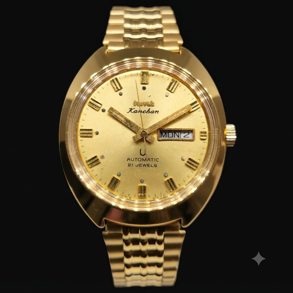 Vintage Mod HMT Kanchan Automatic 21 Jewels Glass back Gold Face Day-Date Men's Wrist Watch