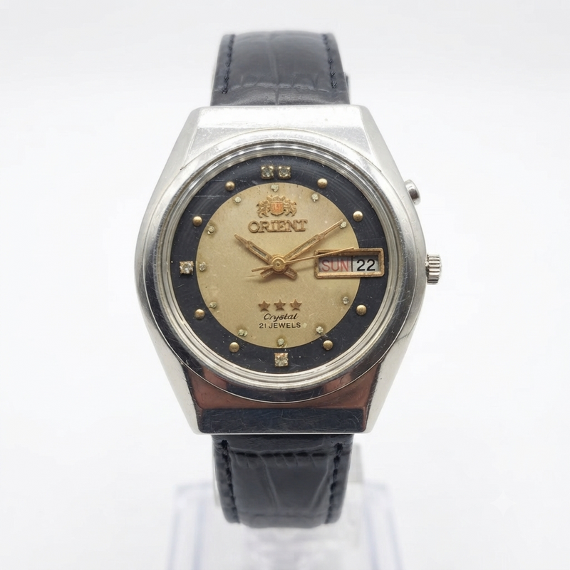 Vintage Original Orient 46941 Automatic 21 Jewels Gold Face Day-Date Men's Wrist Watch OR20