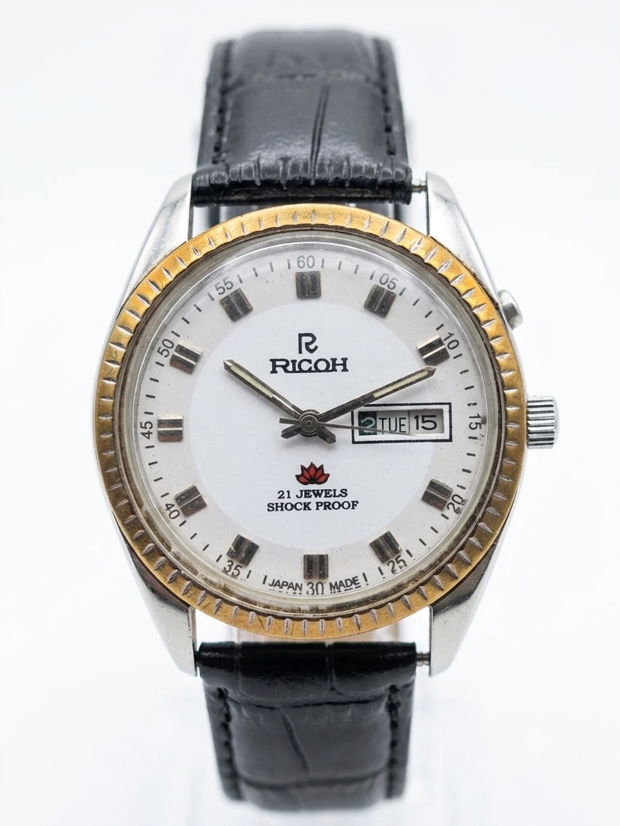 Vintage Ricoh R31 Automatic White Face New Strap 21 Jewels Day-Date Men's Wrist Watch AS13